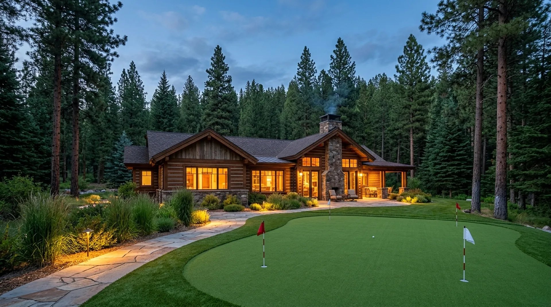 Idaho cabin at dusk with a pristine artificial turf putting green, warm light in the windows